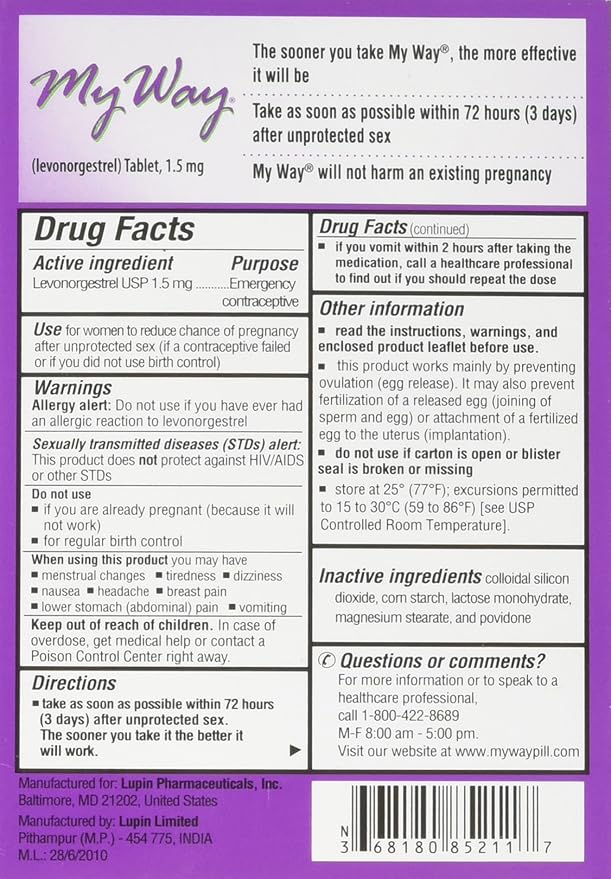 My Way Emergency Contraceptive 1 Tablet, Female Contraceptive, Plan B, Morning After Pill